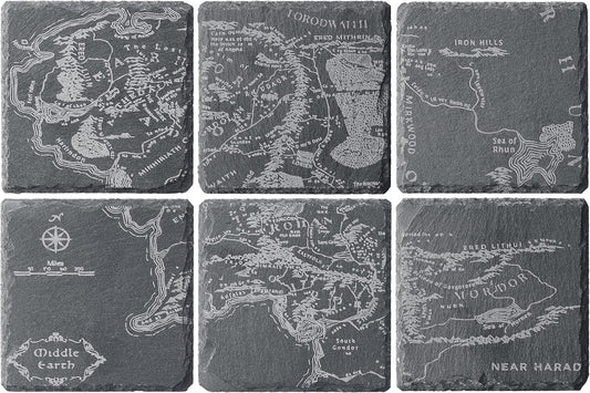 Middle Earth Map Coasters Set of 6 - Fantasy Slate Drink Coasters with LOTR Inspired Engraved Design - Unique Barware & Home Decor for Lord of The Rings Fans, Gifts for Geeks, Coffee Table Protection-0